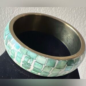 Vintage Brass Green Mosaic Bangle Bracelet